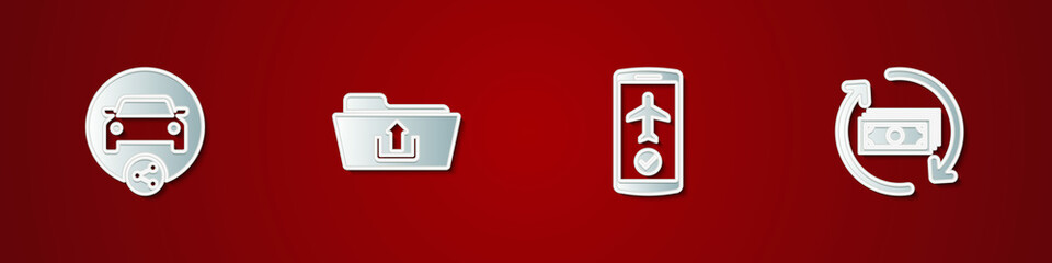 Set Car sharing, Folder upload, Flight mode the mobile and Refund money icon. Vector