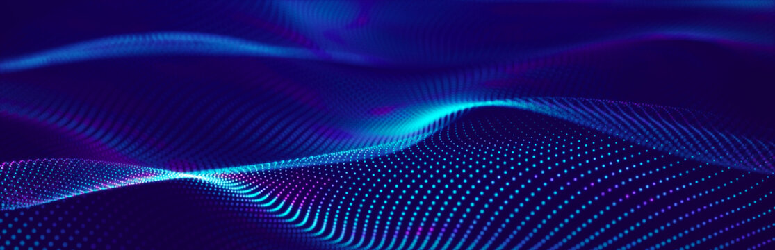 Particle stream. Blue wave background with many glowing particles. Information technology background. 3d rendering. © Ginger Hamster