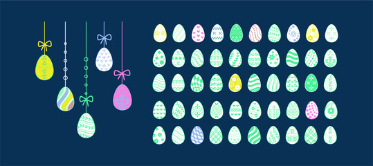 Fototapeta premium Easter eggs set the template on dark blue background. Flat vector isolated elements for Easter day greeting 