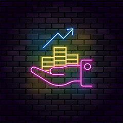 Business and finance neon on wall vector icon. Hand, coin, arrow neon on wall vector icon
