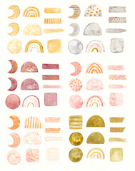 Watercolor design elements on white isolated background. Circles, rectangles, rainbows, tapes, abstract shapes - 482641849