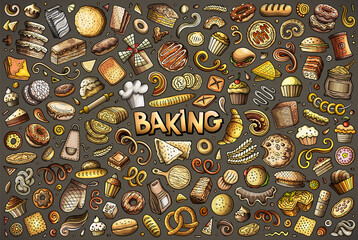 Cartoon set of bakery theme items, objects and symbols