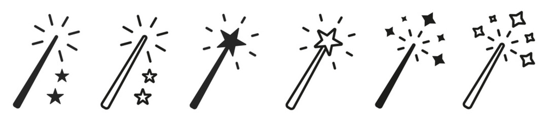 Set of magic wand icons. Magic wand with a star, wizard tool. Magic and miracle symbols. Wizard stick for apps and web sites, vector. - obrazy, fototapety, plakaty