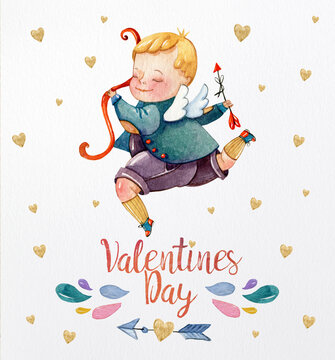 Watercolor Valentine Day cupid angel. Little cartoon boy running with a bow and arrows