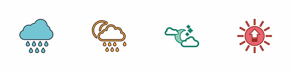 Set Cloud with rain, and moon, stars and Sunset icon. Vector