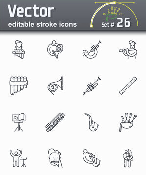 Vector editable stroke line icon set of musicians playing