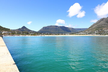 A view from the Hout Bay harbour towards the white, sandy beach.