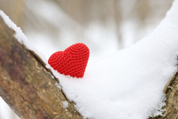 Love heart on a tree covered with snow in winter forest. Romantic card, background for Valentine's day celebration