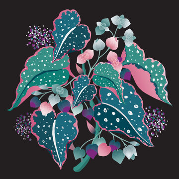 teal spotted leaves pink flowers black background clip art preview