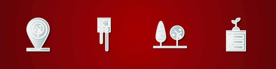Set Location and tree, Temperature humidity sensor, Trees and Smart farming technology icon. Vector