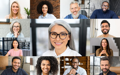 Online webinar concept. Video chat of diverse people. Video screen with a group of multiracial employees, brainstorm online. Crowded screen with multiracial colleagues greeting and talking online