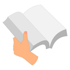 An open book in his hand. Flipping through paper pages, softcover, one hand. Reading a book, library, bookstore, training, education. Vector icon, flat, isolated