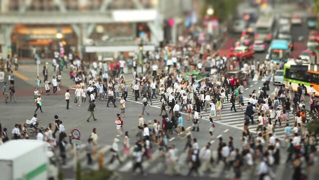 The famous Shibuya Crossing in Tokyo Japan with it's crowds of people, shot with a tilt-shift lens