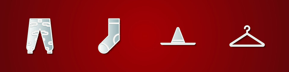 Set Camouflage cargo pants, Socks, Gardener worker hat and Hanger wardrobe icon. Vector