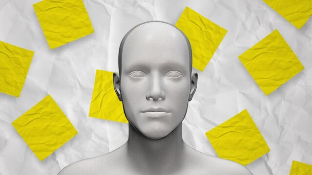 Human body abstract art concept with crumpled paper. Realistic 3d character man or woman in creative modern stop motion style. Graphic colorful psychedelic design. Bright fashion loop animation.