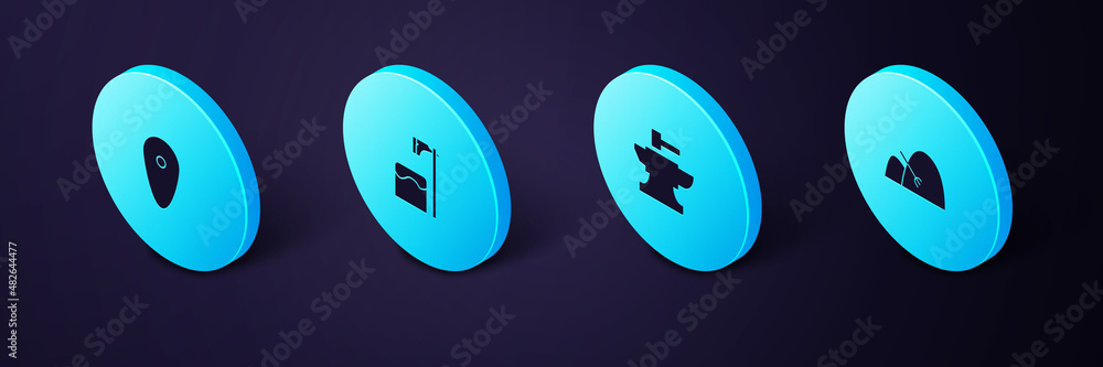 Aufkleber set isometric bale of hay and rake, anvil for blacksmithing hammer, executioner axe tree block and s