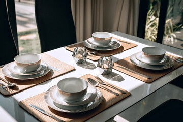 Glamour vintage tea set with silver cutlery and iridescent glasses is standing on a table