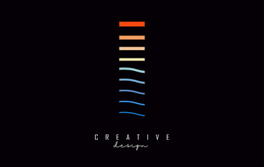 Letter I logo design with colorful lines. Vector illustration with sea and sunset color lines,