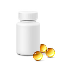 White package bottle and oil capsules. Blank Medicine can container with pills of omega 3 fish vector realistic