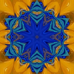 Round geometric star mandala kaleidoscope pattern glitch festive yellow and blue geometric floral creative design backdrop