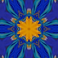 Abstract floral kaleidoscopic beautiful round mandala pattern creative star backdrop with geometric shapes and 3d elements of blue and yellow