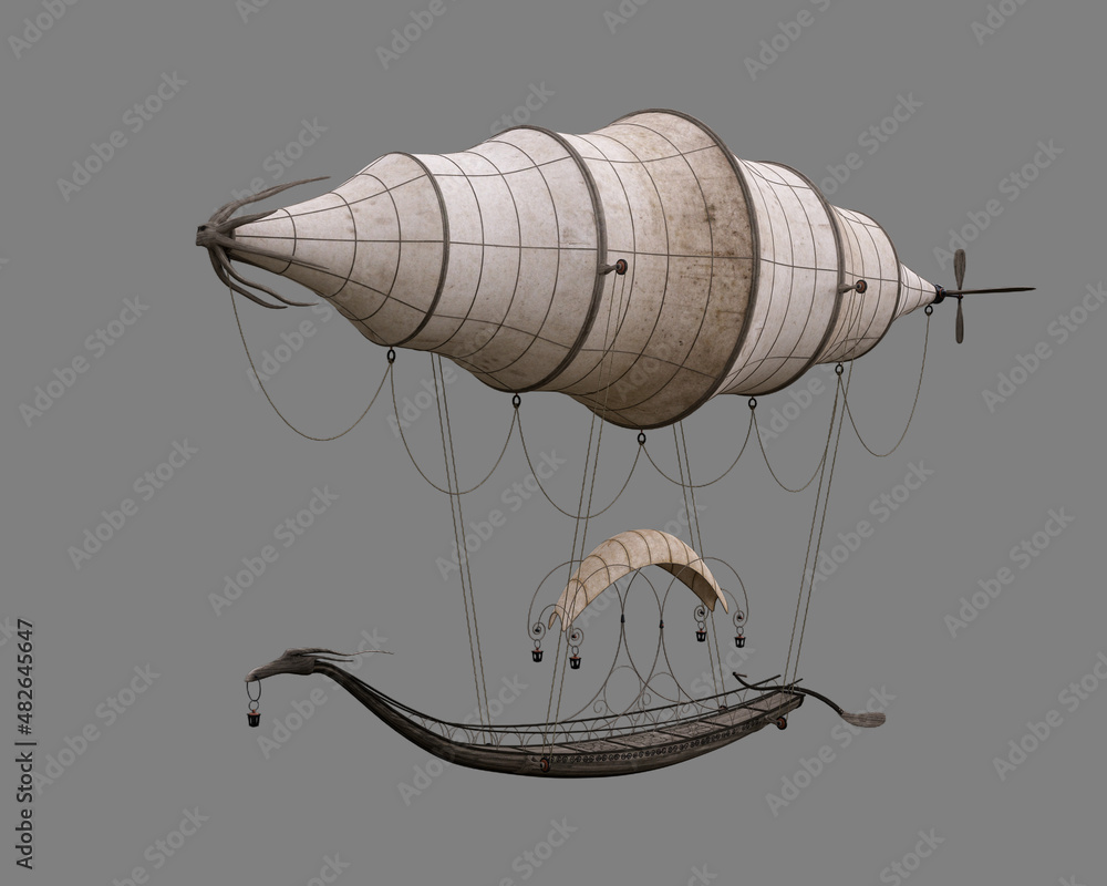 Poster fantasy elven gondola styled airship in flight. 3d rendering isolated on grey background.