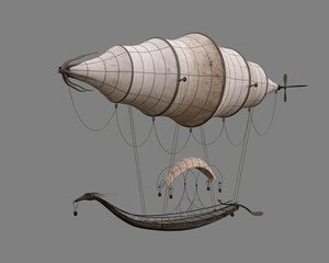 Fantasy elven gondola styled airship in flight. 3D rendering isolated on grey background. © IG Digital Arts