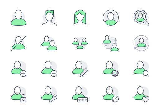 Users line icons. Vector illustration include icon - head, member, face, member, people, login, woman, man, teamwork outline pictogram for default profile avatar. Green Color, Editable Stroke
