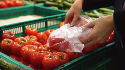 White female hands take some red tomatoes from a green plastic box at the market and put them in a plastic bag. The concept of choosing and buying fruits or red vegetables in close-up.