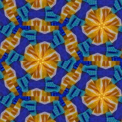 Wavy geometric abstract blue and yellow hexagon triangular digital pattern design with 3d interion elements and a motion star in the center of the ornamental wrapping paper print