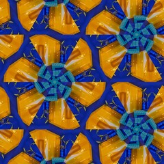 Floral digital geometric pattern abstract blue and yellow graphic hexagon ornament that looks like a motor or fan blades. underwater motion illusion