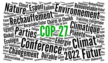 COP 27 en 2022 à Charm el-Cheick nuage de mots  - obrazy, fototapety, plakaty