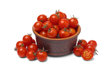 Brown bowl with cherry tomatoes isolated on white background. - Powered by Adobe