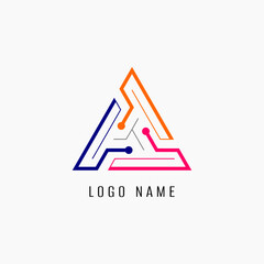 triangular logo with a combination of blue, orange and pink colors