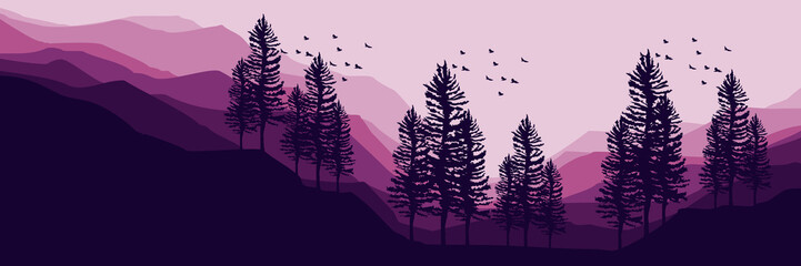 	
forest mountain flat design vector illustration for poster template, web banner, blog banner, website background, tourism promo poster, adventure design backdrop and poster design template