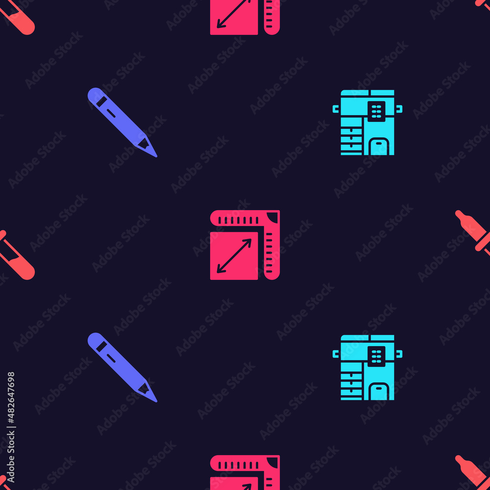 Poster set copy machine, pencil with eraser, paper size and pipette on seamless pattern. vector