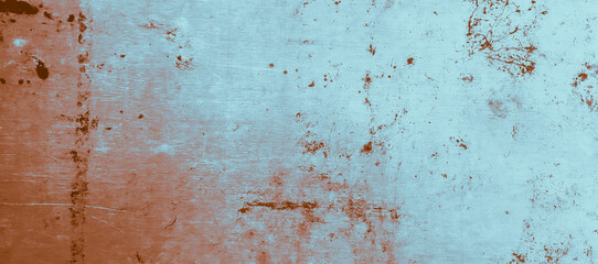 Distressed grunge texture of metal. Overlay dust material. Abstract chalk wall. Blue red grunge surface. Vintage grainy