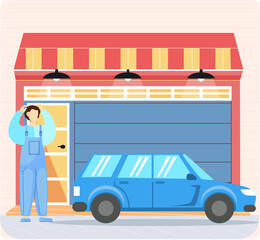 Garage with automatic gates. Vehicle storage space, room for cars inside house. Gates with lifting mechanism, place for automobile parking. Car near garage in modern residental building