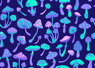 Magic mushrooms seamless pattern. Psychedelic hallucination. 60s hippie colorful art. Vintage psychedelic textile, fabric, wrapping, wallpaper. Vector repeating illustration.