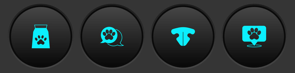 Set Bag of food for pet, Paw print, Cat nose and Location veterinary hospital icon. Vector