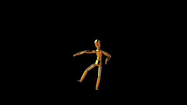Funny golden mannequin doing a swing step dance, seamless loop, Luma Matte