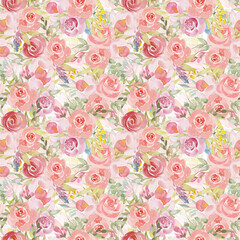 Watercolor botanical seamless pattern wild flowers and garden plants. Hand drawn leaves, pink flowers, herbs and natural elements. For birthday, wedding card, love, invitation, greeting, mother day.