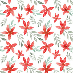 Watercolor pattern, red flowers and leaves on a white background. Pattern for women's day, mother's day, etc