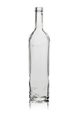 Empty open bottle for wine or vodka made of transparent glass, designer shape. Isolated on a white background, with reflection