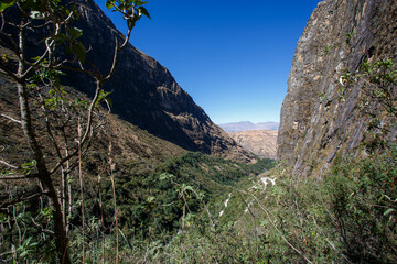 A small valley of glacial origin, cuts the mountain range in the Huascaran National Park, in Ancash, Peru