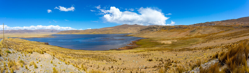 Fototapeta na wymiar Panoramic image of the Conococha lagoon, birthplace of the Santa river, the most important in Ancash, Peru.