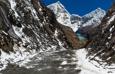 Panoramic image of a road crossing the highest part of the Andes mountain range, in Ancash, Peru