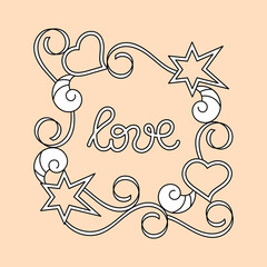 Hand drawn doodle Love frame with heart and star.