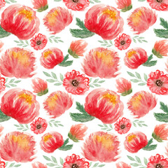 Watercolor pattern, peonies flowers and leaves on a white background. Pattern for women's day, mother's day, etc.