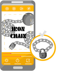 Modern phone internet and social networks addiction metaphor. Iron chain with ball and lock on smartphone screen. Concept social media and internet nomophobia and digital detox isolated on white